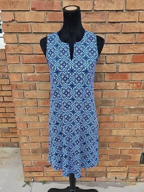 J. McLaughlin Navy and Light Blue Sleeveless Patterned Midi Dress Size Small